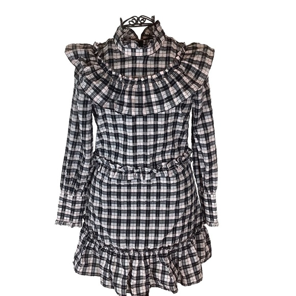 GANNI Channa Ruffled Plaid High-Neck Mini Dress | Size 6-8 - Picture 2 of 10